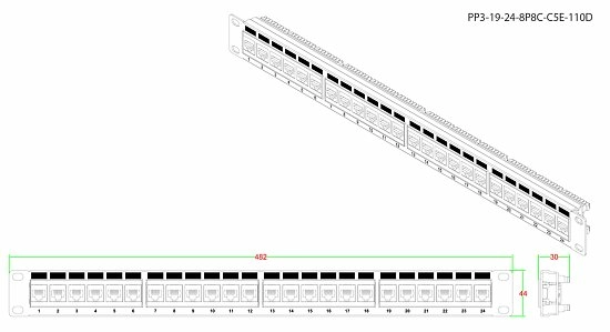 Патч-панель 19" Кат.5е Hyperline PP3-19-24-8P8C-C5E-110D 1U 24 порта